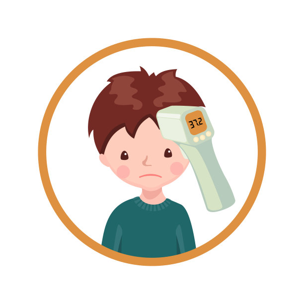 一个男孩用非接触式红外温度计隔离在白色背景。图片下载