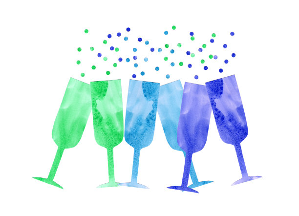 彩色水彩拼贴六个葡萄酒杯孤立与气泡在白色的背景。绿色，蓝色和紫色的香槟酒杯。图片下载