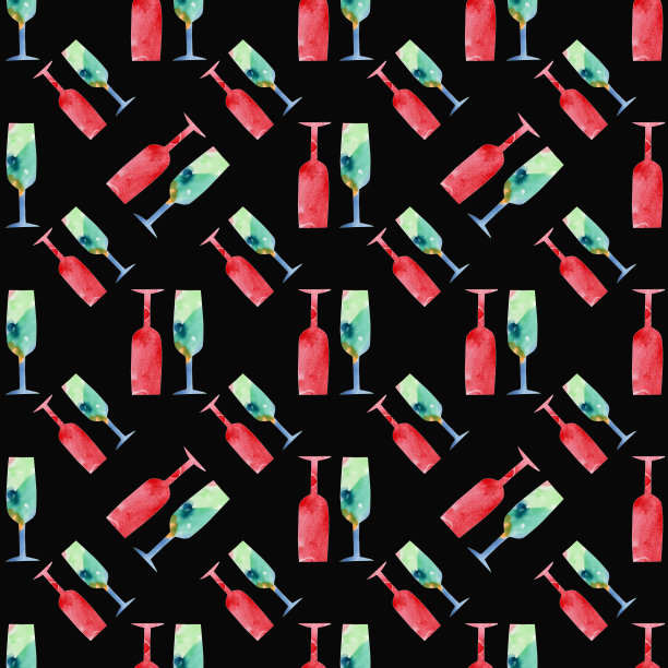彩色水彩拼贴酒杯无缝模式上的黑色背景。香槟酒杯上印着无穷无尽的图案。图片下载