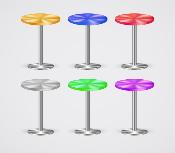 金属酒吧椅子设置孤立的白色背景。旋转单腿凳现代厨房，小酒馆或咖啡馆的室内装饰。镀铬发光家具舒适、时尚、新潮的设计。素材图片