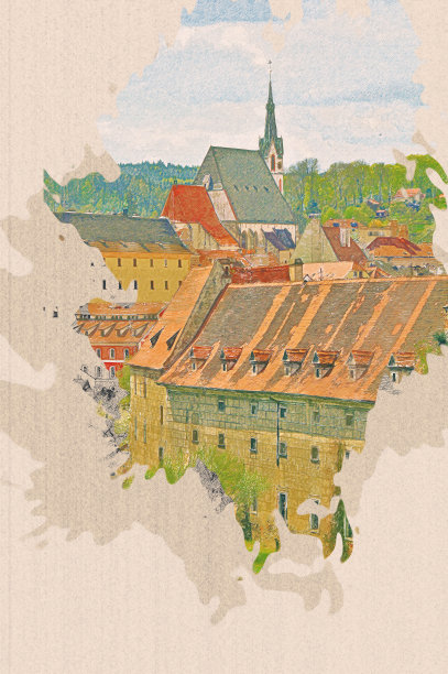 彩色铅笔画捷克共和国克鲁姆洛夫在牛皮纸上的美丽景色。图片下载