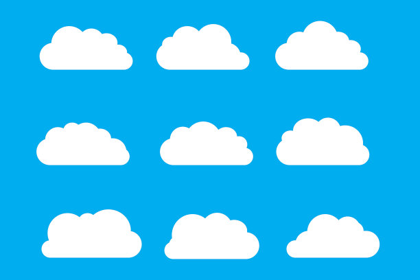 一组云图标在流行的平面风格孤立在经典的蓝色素材图片