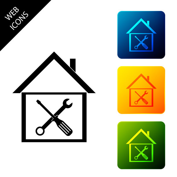 黑色房子或家用螺丝刀和扳手图标隔离在白色背景。调整、维修、设置、维护、修理、固定。设置图标彩色的方形按钮。矢量图图片下载