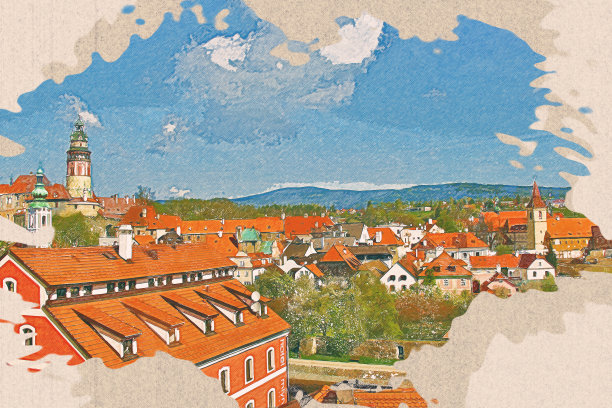 彩色铅笔画捷克共和国克鲁姆洛夫在牛皮纸上的美丽景色。图片下载