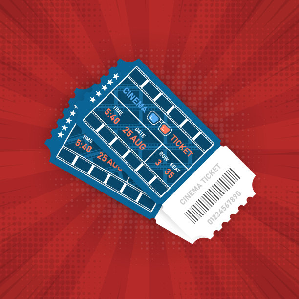 两张影院矢量票孤立在红色流行背景上。现实的对象。向量图片下载
