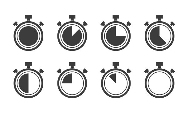 秒表大灰色图标设置。计时器符号在白色背景。不同的时间。向量图片下载