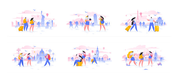 参观著名城市的现代游客。一套平面矢量插图图片下载