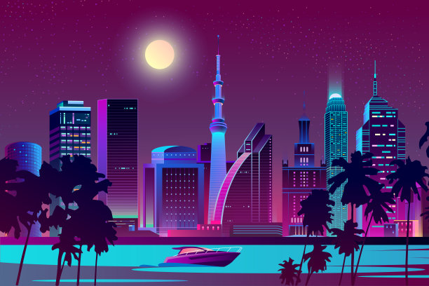 河流上的矢量夜城，热带大都市素材图片