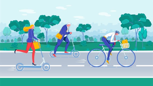 骑自行车和踏板车的多年龄工人图片下载