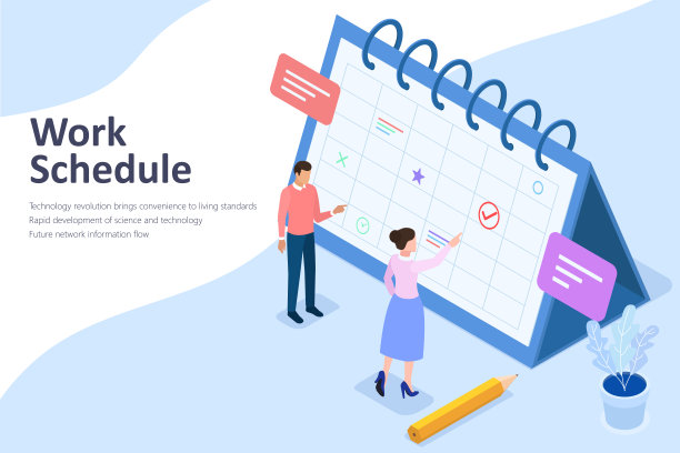 小人物制定工作计划或时间表，平面等距图孤立在白色背景上。图片下载