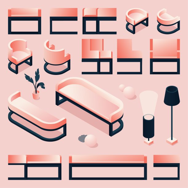 粉红色和黑色家具设置为办公室，酒店，大堂，家庭绘制不同风格。平坦和等距收集。图片下载