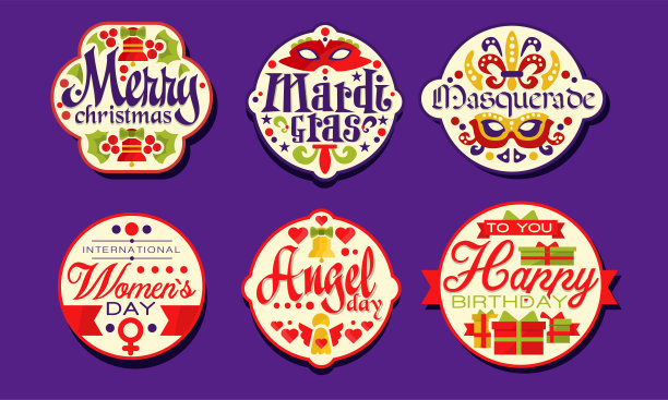 节日贴纸收藏，圣诞快乐，狂欢节，化妆舞会，妇女节，天使日，生日快乐标签矢量插图图片下载