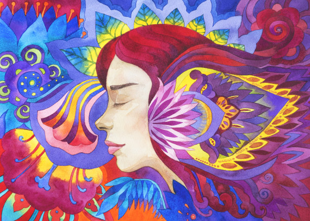 水彩画美丽的女人与花图片下载