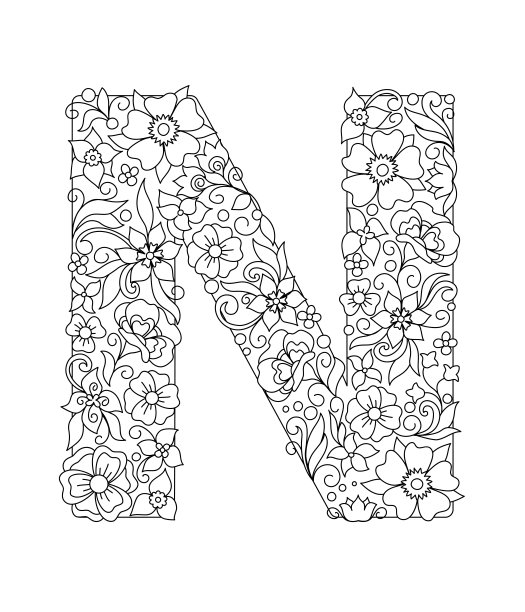 大写字母N与抽象的花图案素材图片