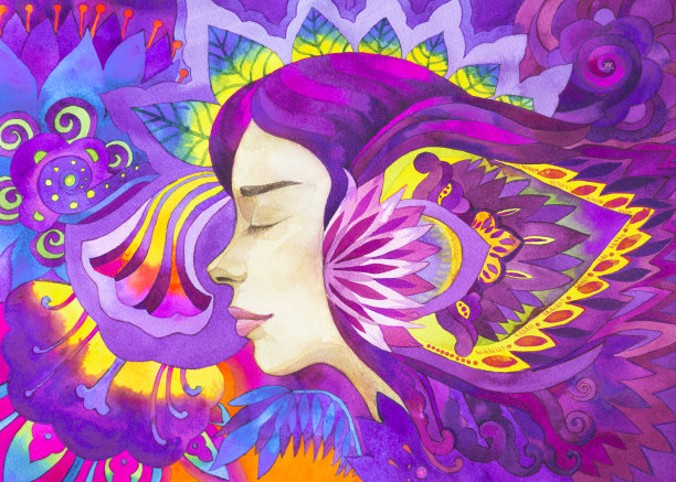 水彩紫罗兰画美丽的女人与花图片下载