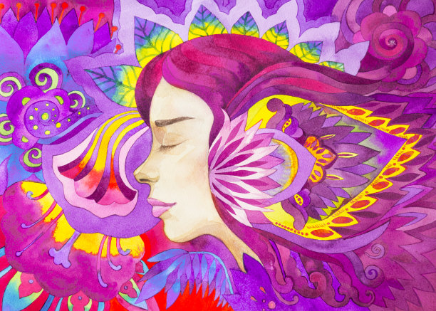 水彩画粉红色美丽的女人与花图片下载