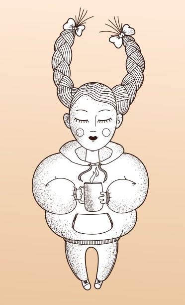 插图可爱的女孩在温暖的帽衫拿着一杯热饮图片下载