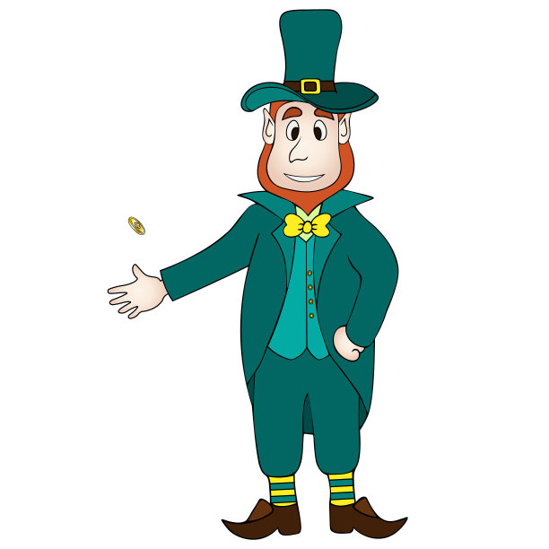 颜色向量插图。戴着帽子的小精灵掷一枚有三叶草图案的硬币。在一个孤立的背景上穿着祖母绿衣服的神奇人物。圣帕特里克节的照片。图片下载