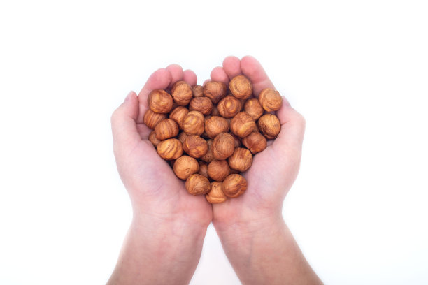 健康饮食、节食、素食理念。孩子的手拿着去皮的榛子在白色的背景上的特写图片下载
