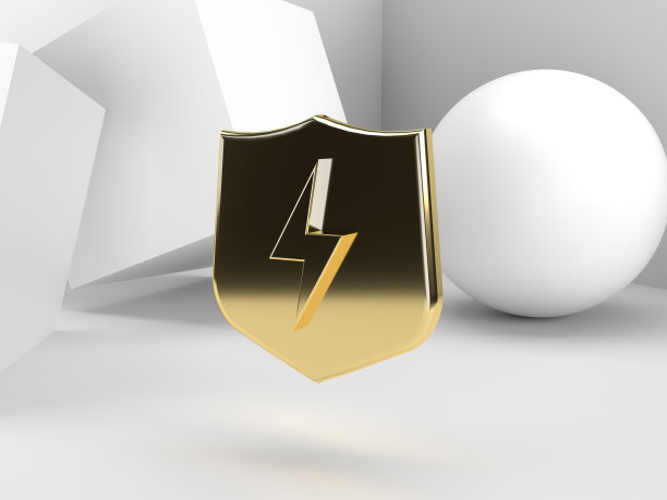 金色材料闪电盾图标在白色几何空间与剪切路径图片下载