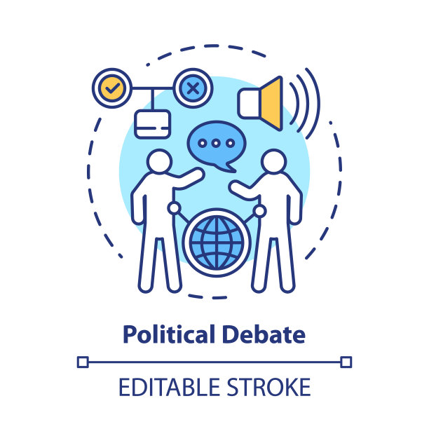 选举概念图标。政治辩论中，谈话对竞选对手想法的细线说明。政治竞选，总统竞选。矢量孤立轮廓绘制。可编辑的中风图片下载
