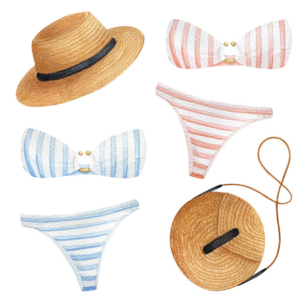泳装，内裤，胸罩，草包和帽子-海滩设置孤立在一个白色的背景。图片下载