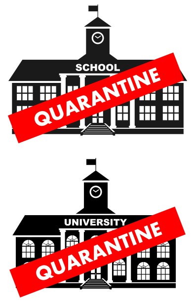 病毒的概念。隔离标志上的背景是古典的学校建筑，大学、学院隔离在白色的背景上。横幅、背景、图标。矢量插图。图片下载