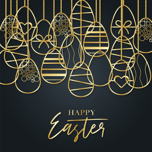 黑色镶金蛋的复活节快乐海报。节日贺卡，广告横幅。矢量插图。图片下载