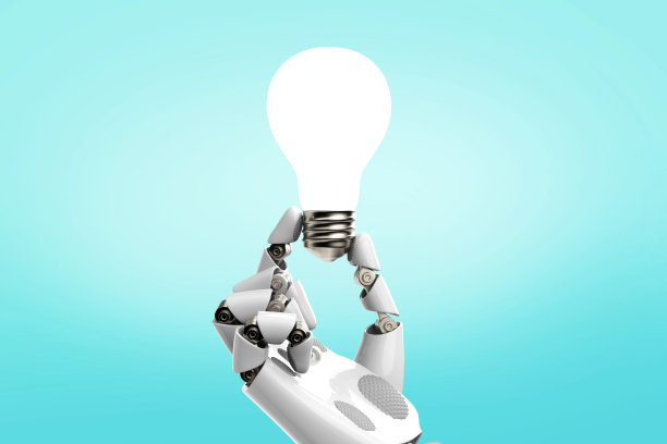 灵感-灯泡机器人手的想法在蓝色背景股票照片图片下载