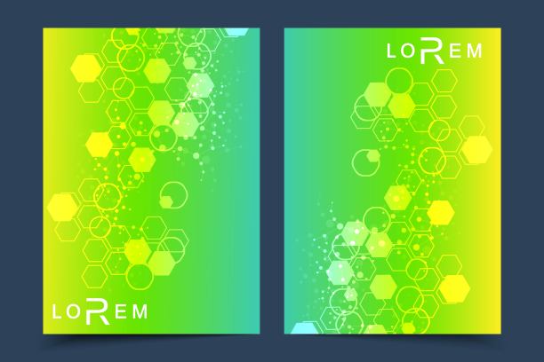 科学的宣传册设计模板。矢量传单布局，分子结构与连接线和点。科学图案原子DNA与元素为杂志，传单，封面，海报设计。图片下载