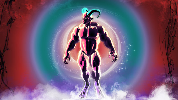 肌肉恶魔，小鬼，魔鬼与角噩梦迷幻童话武侠风格的3d渲染图片下载