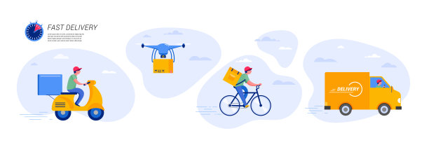 网上送货服务理念，网上订单跟踪，送货上门和办公室。仓库，卡车，无人机，摩托车和自行车快递员，快递员。矢量图图片下载