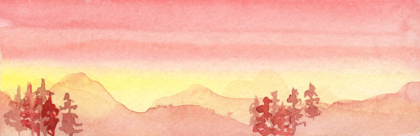 水彩红橙色日落插图与山和森林，圣诞树。图片下载