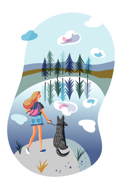 一名少年在湖边的森林里遛狗图片下载