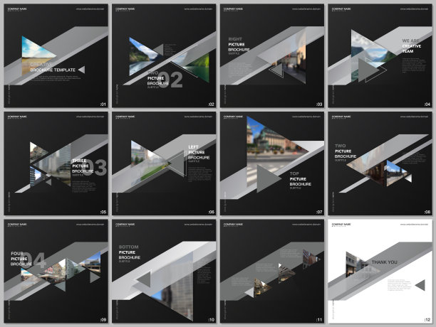 最小的宣传册模板与彩色三角形，三角形的形状。包括设计模板的方形传单，小册子，演示，社交媒体广告，在线研讨会，数字教育。图片下载