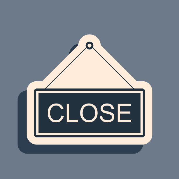 黑色悬挂标志与文字关闭图标孤立在灰色背景。咖啡馆或餐厅的商业主题。长长的阴影风格。矢量图图片下载