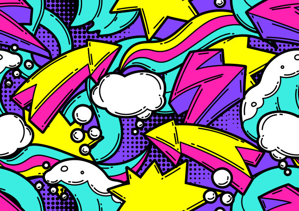 无缝图案与卡通装饰元素。城市多姿多彩的青少年创作背景。图片下载