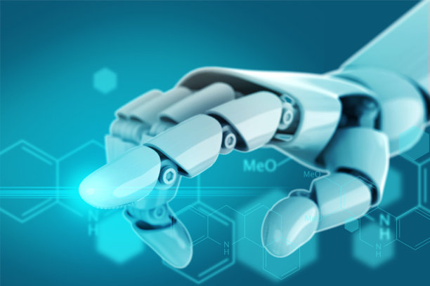 一个机器人手臂的3d渲染与手指和食指指出，科学概念库存照片图片下载