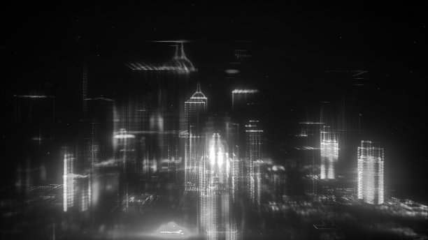 由发光的点组成的数字抽象城市。商业摩天大楼。全息图的建筑。建筑技术发光线和发光粒子的结构。连接的概念。三维渲染图片下载