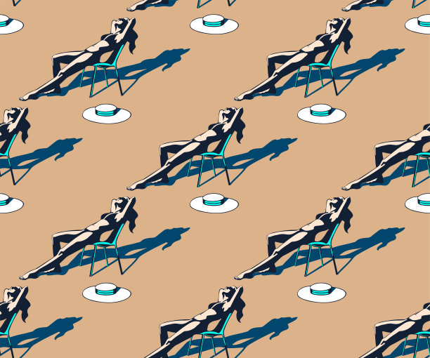 美丽的女人晒黑，戴着太阳镜，帽子，在海滩上，复古的风格。波普艺术。夏天的假期。矢量无缝模式插图图片下载