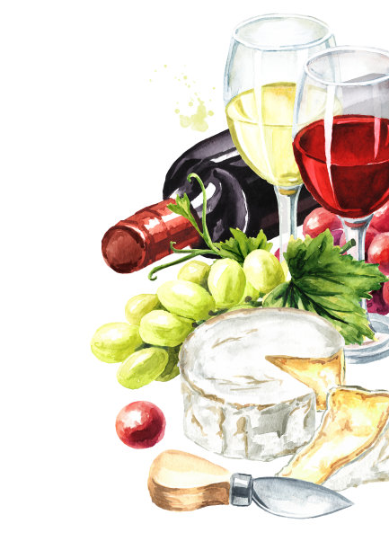 卡芒贝尔奶酪，白色的意大利奶酪，法国奶酪配葡萄，玻璃杯和葡萄酒。手绘水彩插图，孤立的白色背景图片下载