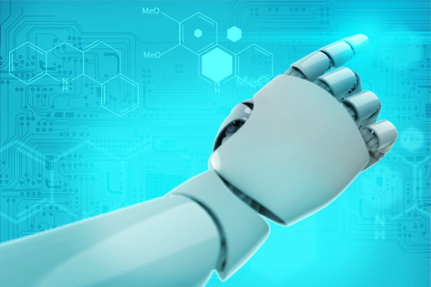 一个机器人手臂的3d渲染与手指和食指指出，科学概念库存照片图片下载