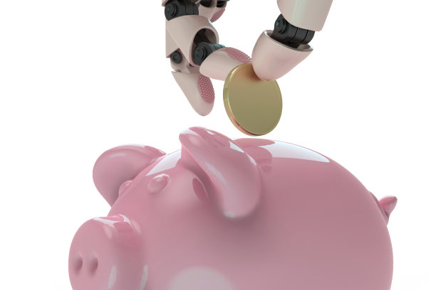 3d渲染金融技术概念小猪储蓄罐和机器人手臂库存照片图片下载