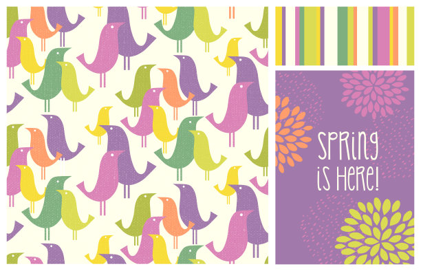 新春世纪中叶现代鸟类无缝图案配合图案和设计元素。图片下载