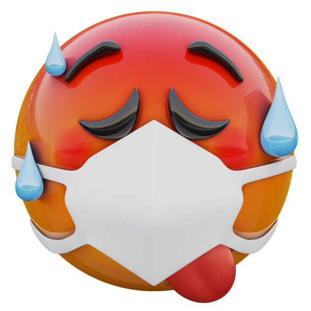 新型冠状病毒防护医用口罩中过热的红色表情脸的3D渲染图片下载