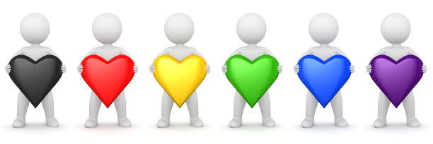 心形符号爱的男人象征黑，红，金，绿，蓝，紫色的爱，友谊图标3d渲染插图图片下载