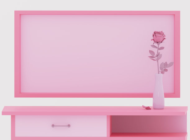 玫瑰花插在花瓶里放在桌上，画框或木板挂在墙上图片下载