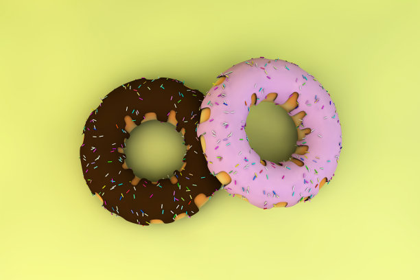 从顶部看，在黄色的背景上洒上了蜜糖甜甜圈。3 d渲染。图片下载