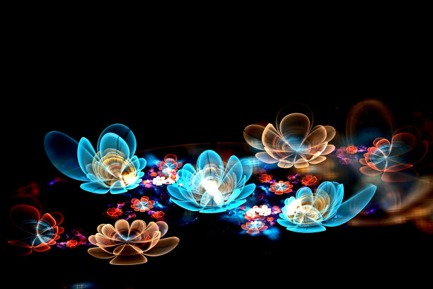 抽象的分形三维空间花朵映衬着黑暗美丽的星空。在黑色背景上的彩色分形图像图片下载