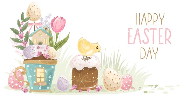 可爱的复活节小鸡用手绘写着“复活节快乐”。复活节彩蛋，带叶子和花的树枝。请帖和贺卡用的毛笔。图片下载